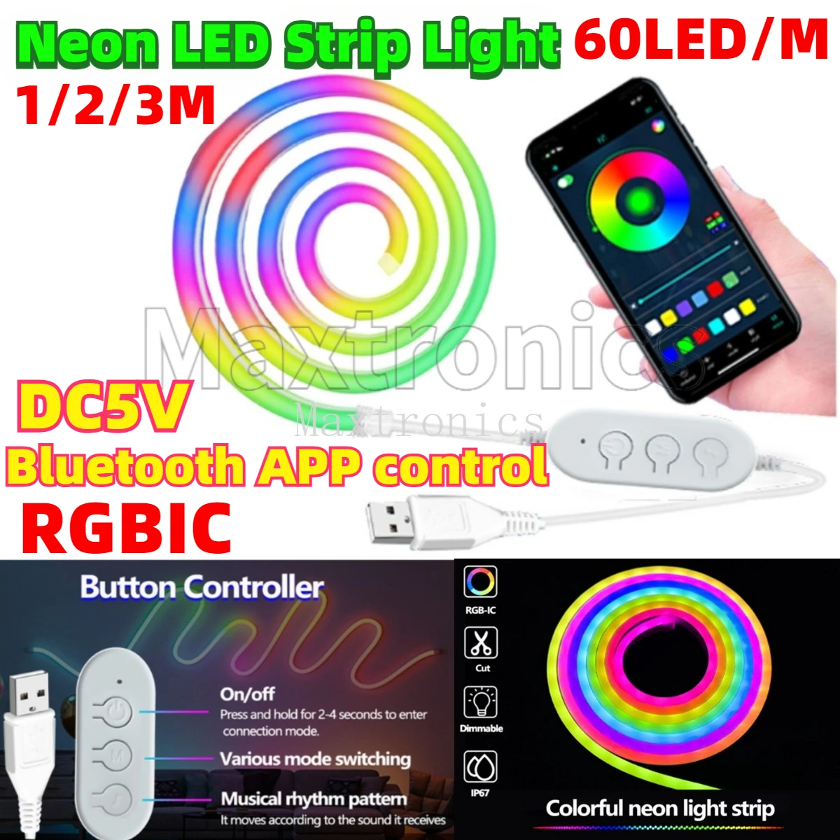 

1M-3M DC5V RGBIC Неоновая светодиодная лента Bluetooth APP Управление USB-разъемом IP67 Неоновая лента для декора стен комнаты 60LED/M Сказочный свет