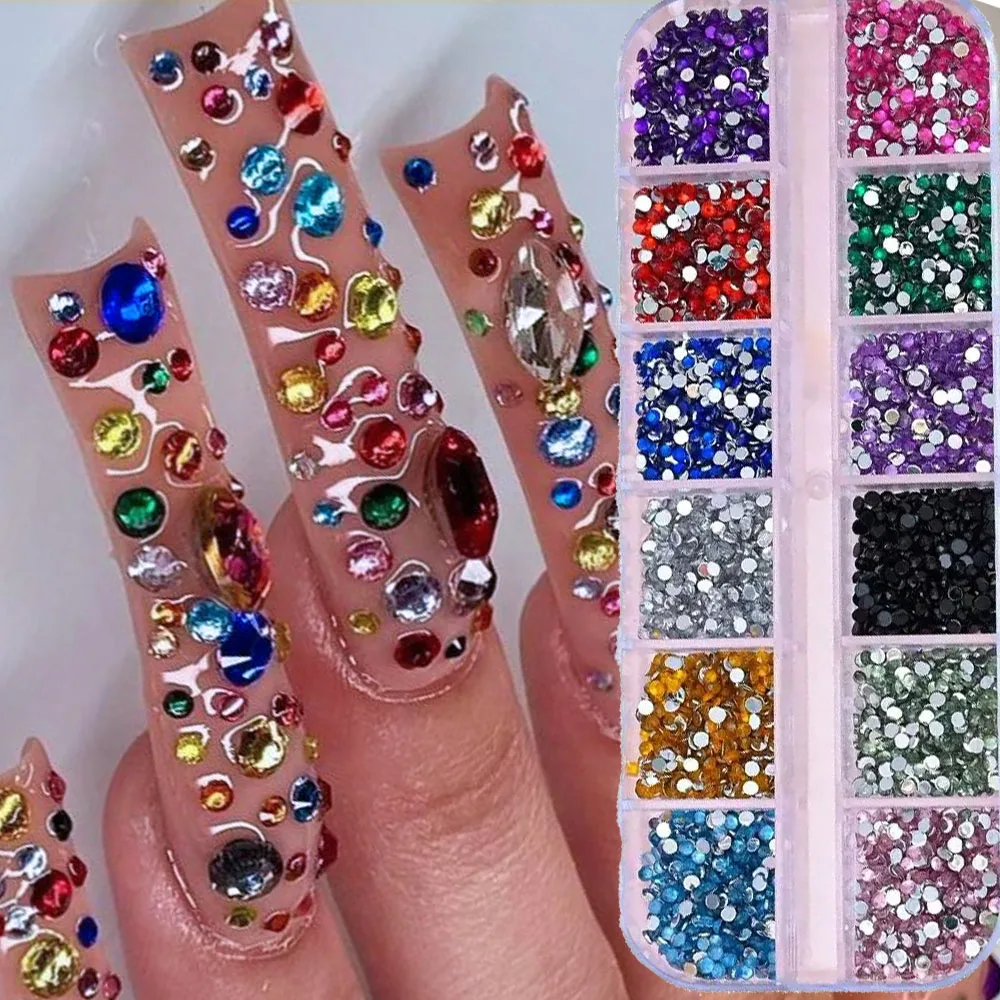 1020Pc Multi-Colorful Round Nail Art Rhinestone SS3/SS4 Flatback Round Nail Crystal 12Grid DIY Mini Glitter Diamond Nail Jewelry