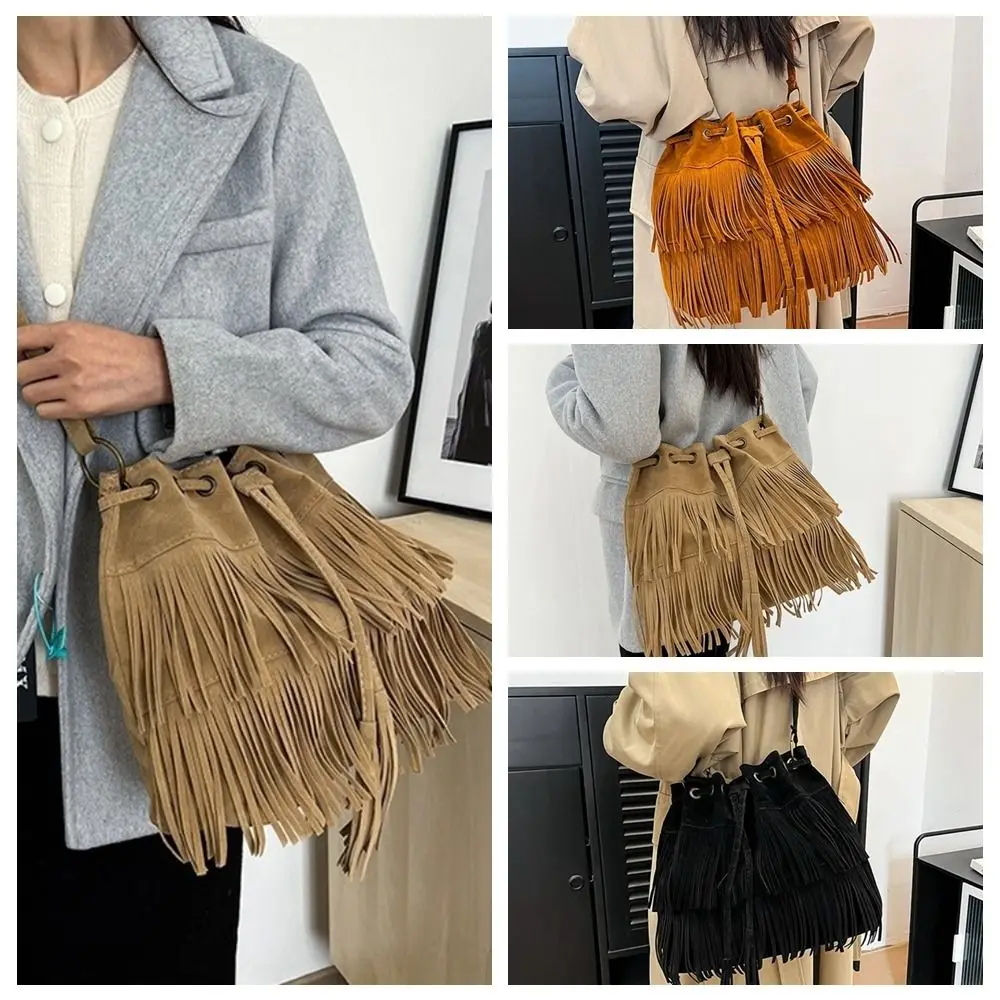 

Корейская стильная сумка на плечо с кисточками из искусственной кожи, большая вместительная замшевая сумка в богемном стиле, однотонная женская сумка-ведро на шнурке