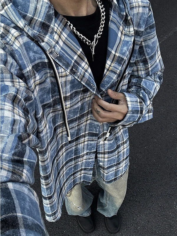 

Blue Plaid Oversize Men's irt Spring Autumn Hoodie Couple Long Sve Cotton Casual Comfortable Wear Resistant American Sle