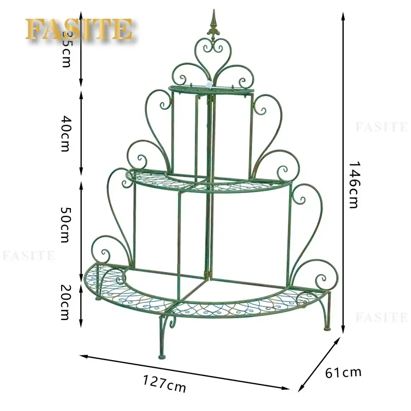 For Retro Wrought Iron Three Layer Semi Round Flower Stand Indoor Outdoor Garden Balcony Courtyard Plant Pot Rack Storage