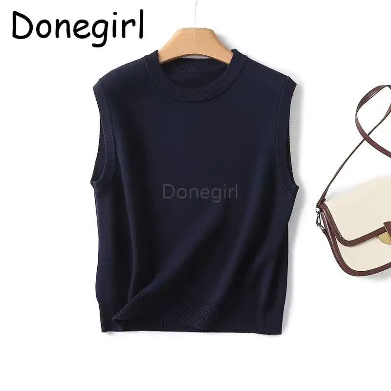 Donegirl 2024 New Spring Women Fashion Sleeveless Round Neck Knitted Sweater Pullover Vest Solid Simple Versatile Female Tops