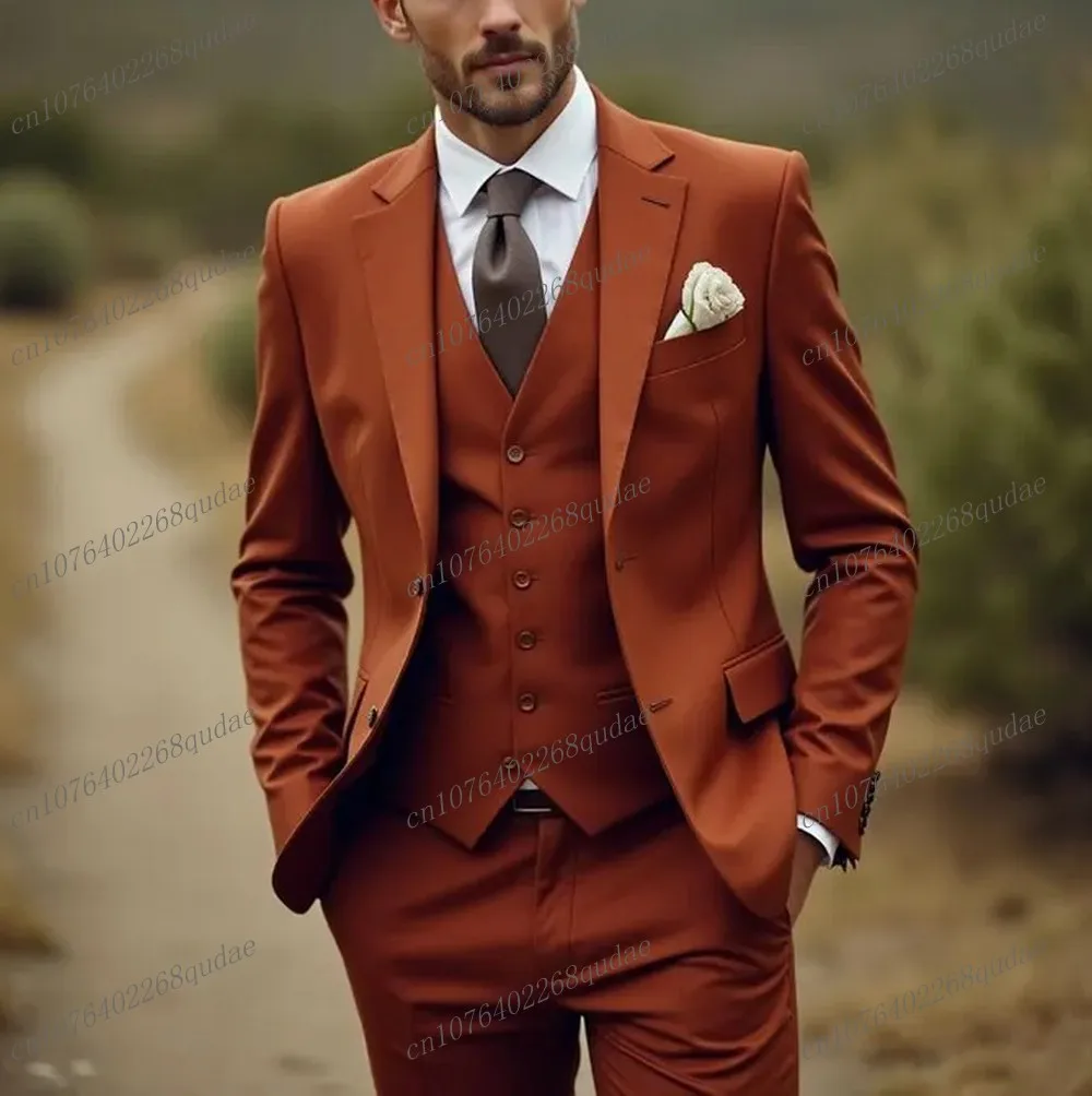 New Brown Formal Occasion Men Suit Wedding Party Groom Groomsman Male Business Tuxedos Costume 3 Piece Set Blazer Vest Pants