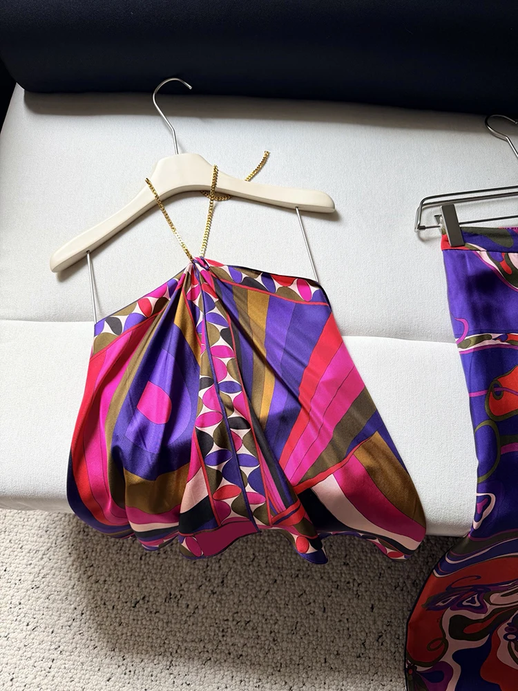 Summer Fashion Outdoors Resort Vintage Geometric Print Silk Camisole Women's Metal Chain Spaghetti Strap Sexy Backless Tops