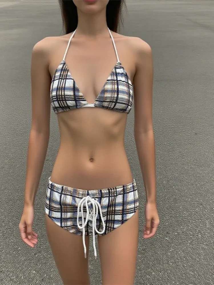 

Checkered Bikini Set High Waist Retro Aesthetic Set Adjustable Drawstring Beach and Pool Fashion Dressing