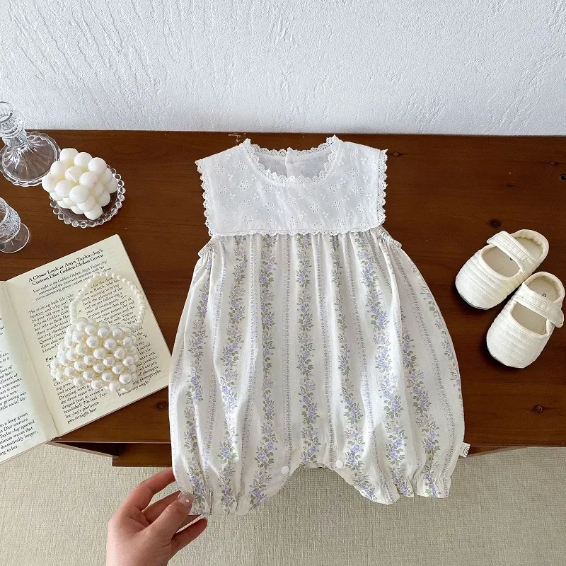 2024 Summer Baby Girl Romper 0-2Years Newborn Sleeveless Lace Patchwork Flower Jumpsuit Loose Cotton Playsuit Outfits Clothes