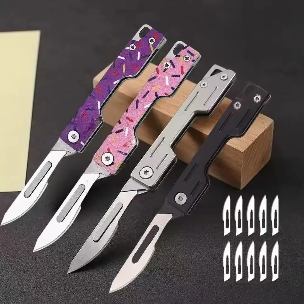 Stainless Steel Folding Knife Medical Box Opener Machinery Pocket Knife With 10 Replaceable Blades Hobby Knife Multifunctional