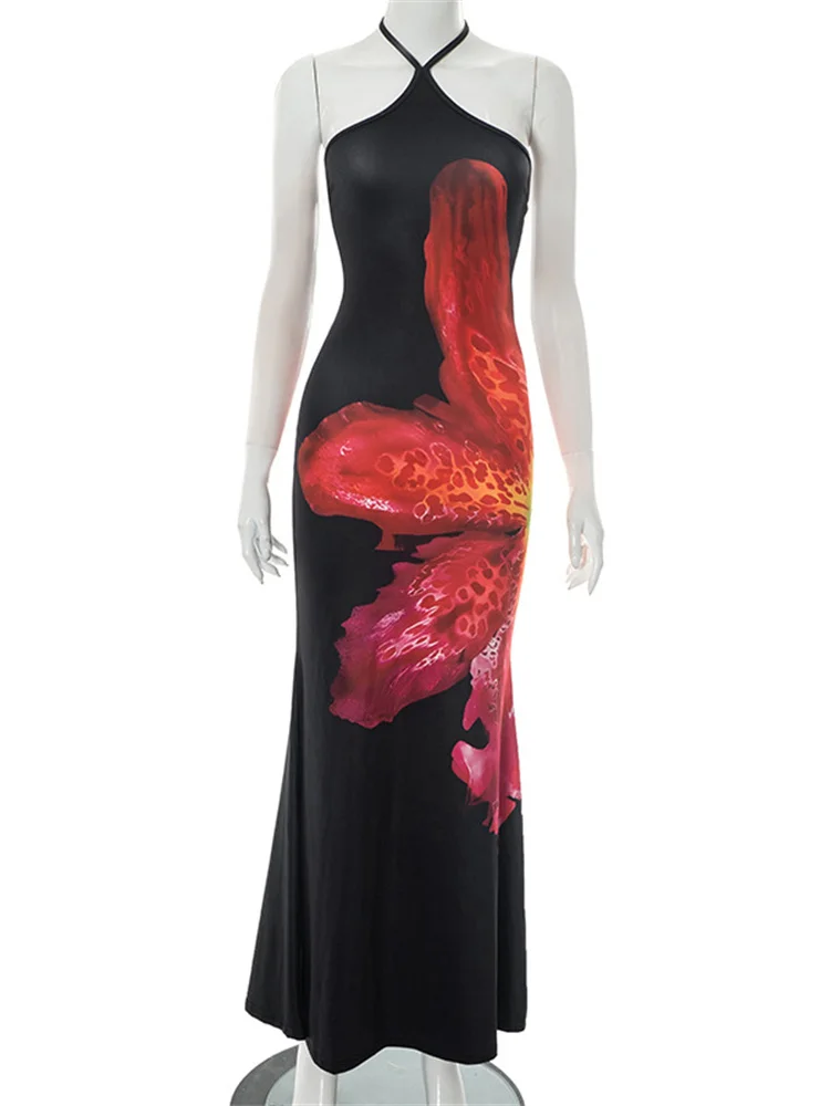 Simenual Harajuku موضة زهرة طباعة الرسن فستان طويل Fairycore بحر Y2K عارية الذراعين فساتين بلا أكمام عطلة وتتسابق