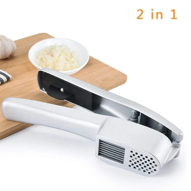 Garlic Press & Slicer 2 in 1 - Aluminium Garlic & Ginger Mincer and Slicer - with Slicing and Grinding - Kitchen Cooking Tools