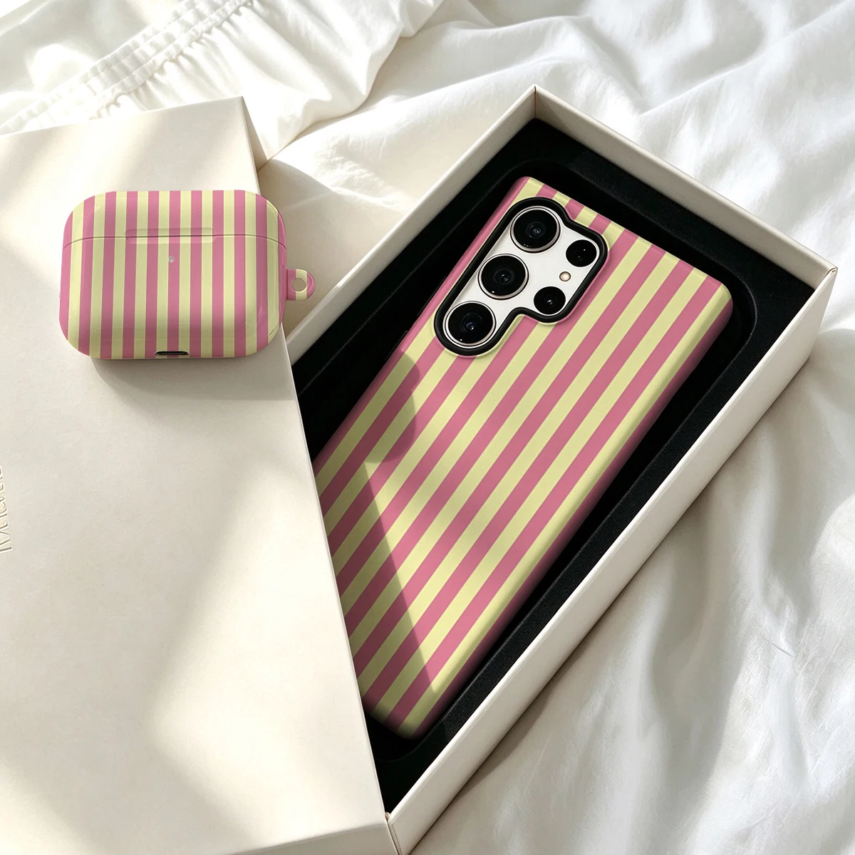 Pirve Phone Case For Samsung Galaxy S26 S25 Ultra S24 S23 Plus Shockproof Double Layer Tough Back Pink Yellow Stripes Cover