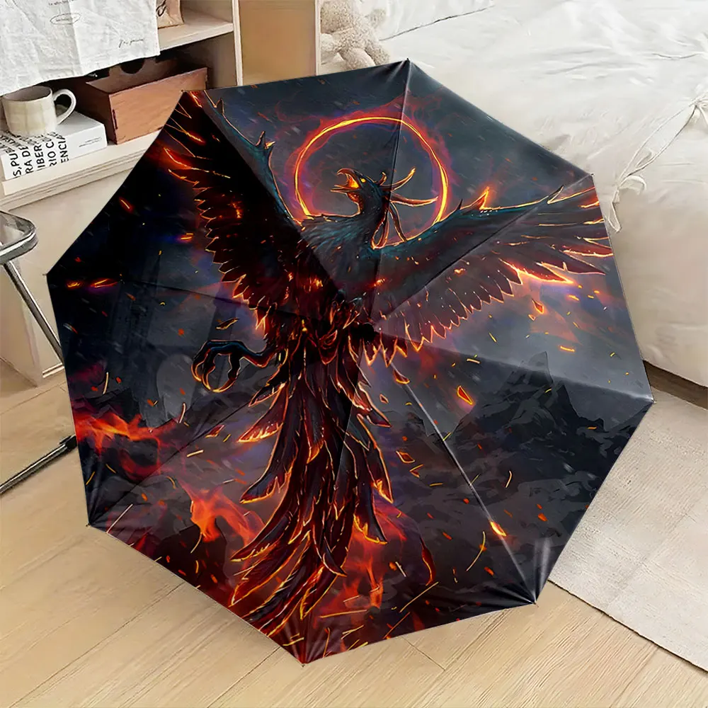1PC Phoenix Rising Umbrella with Fiery Design Print 8 Iron Ribs Folding Umbrella Auto-Open Fashion Sunshade
