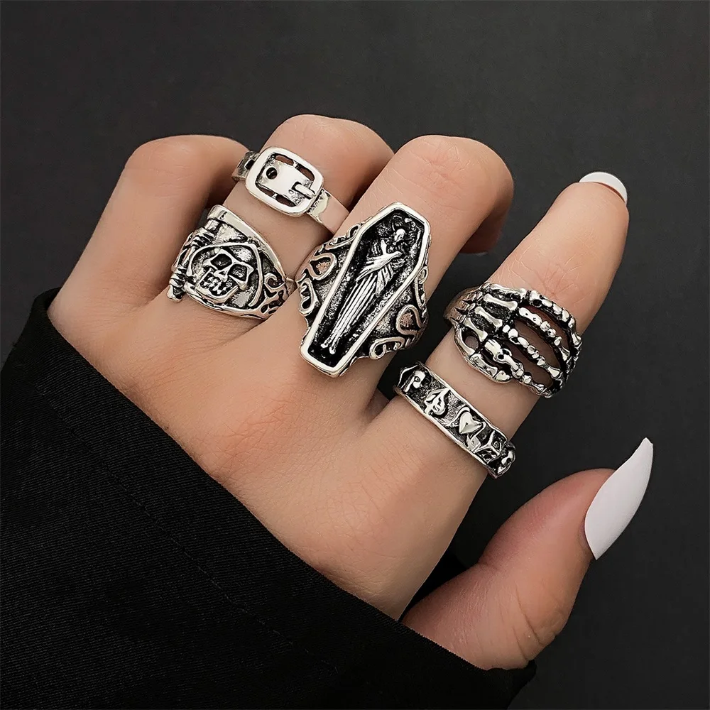 FNIO Punk Gothic Butterfly Snake Chain Ring Set per le donne dadi neri Vintage argento placcato Retro Charm Finger Jewelry