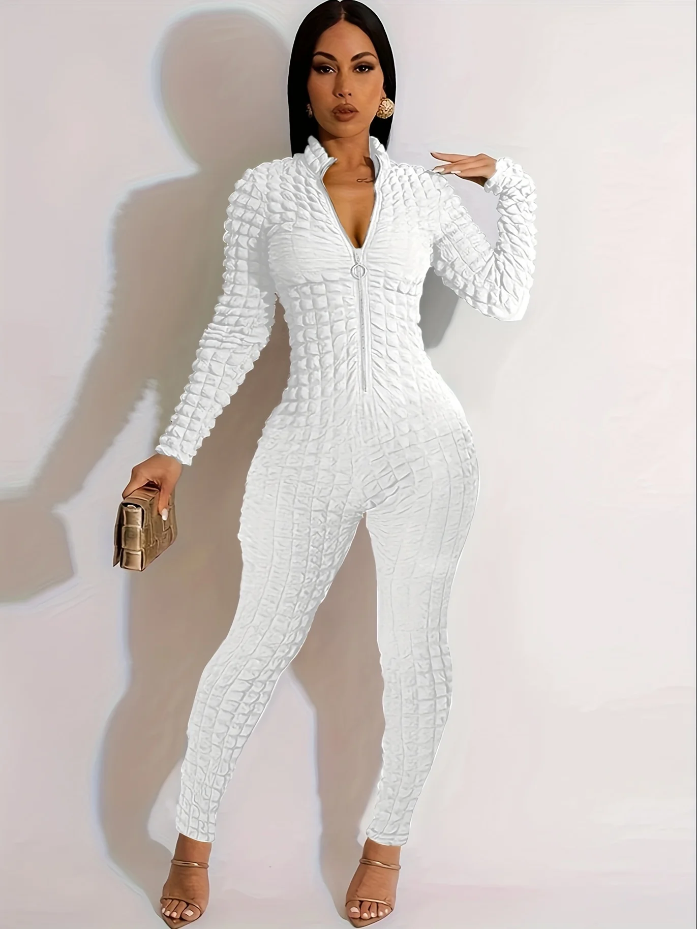 Women's Jumpsuit Solid Color Multicolor Wave Pattern Jumpsuit Long Sleeve Casual Zipper Jumpsuit Long Pants Overalls for Women