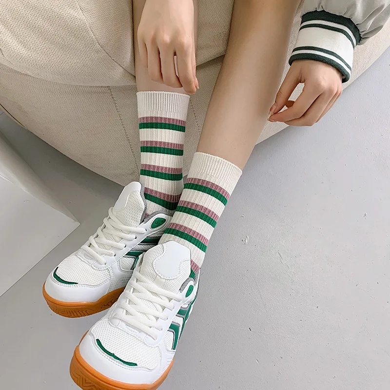 Green Stripe Ins Kawaii Socks Spring Autumn Middle Tube Casual Women Socks Harajuku Ins Breathable Women Socks