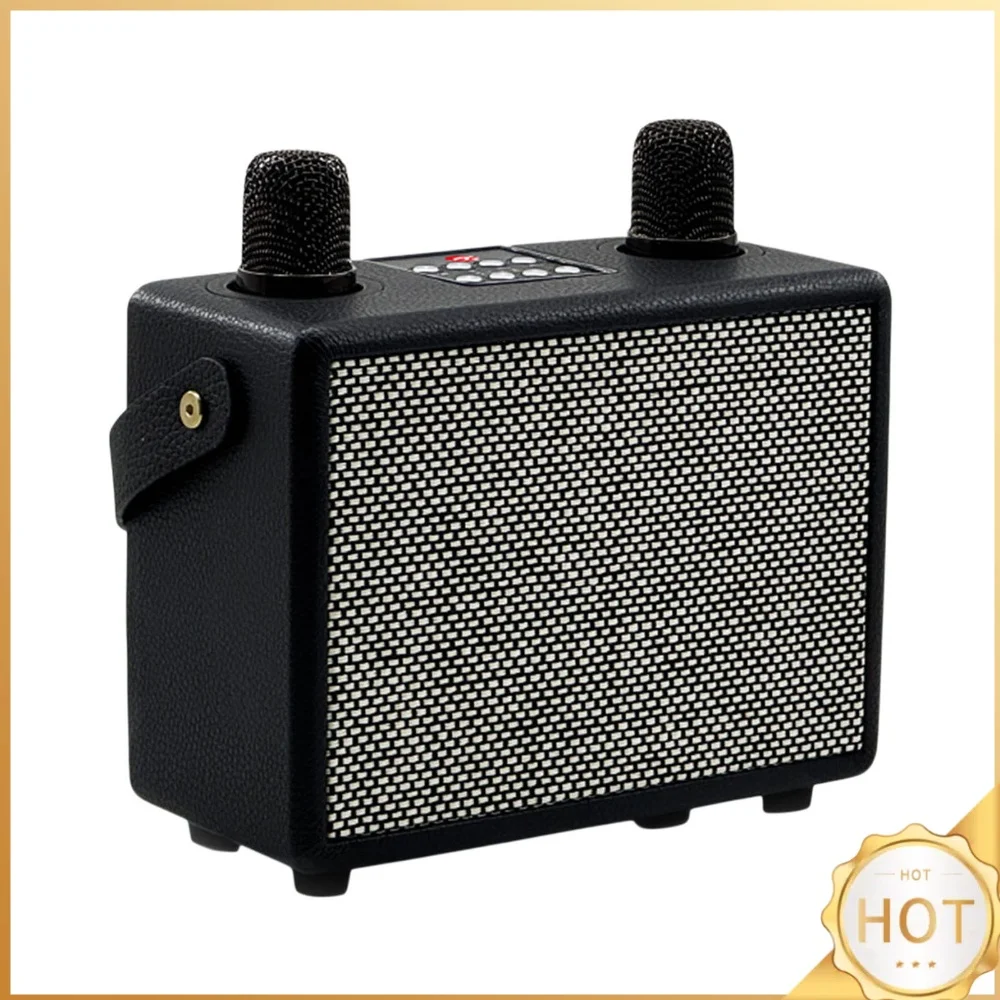 Dual Mic Karaoke Speaker Bluetooth-compatible 20W Wood Box 360 Bass DSP Noise Reduction 1800mAh Battery Portable Singing