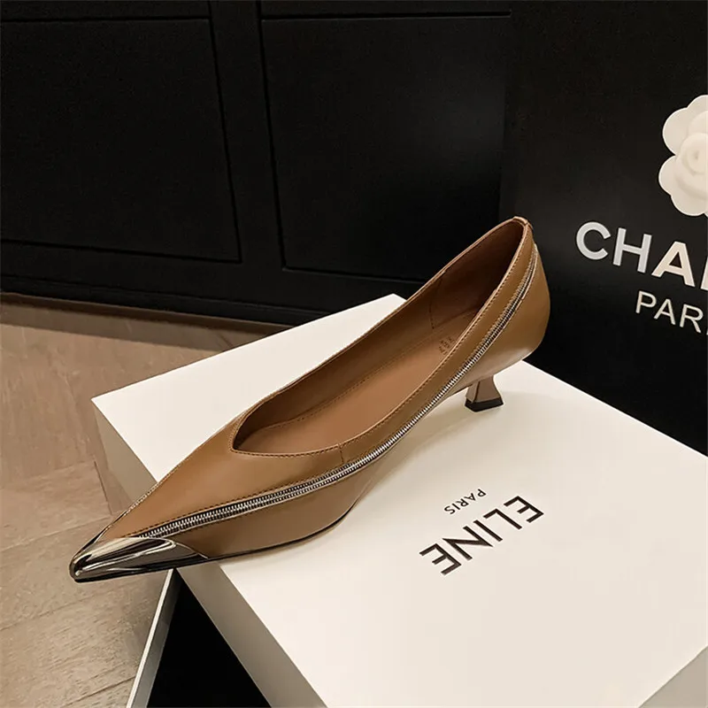 2024 New Spring Summer Split Leather Women Shoes Metal Pointed Toe High Heel Women Pumps Shallow Loafers for Women Ladies Shoes