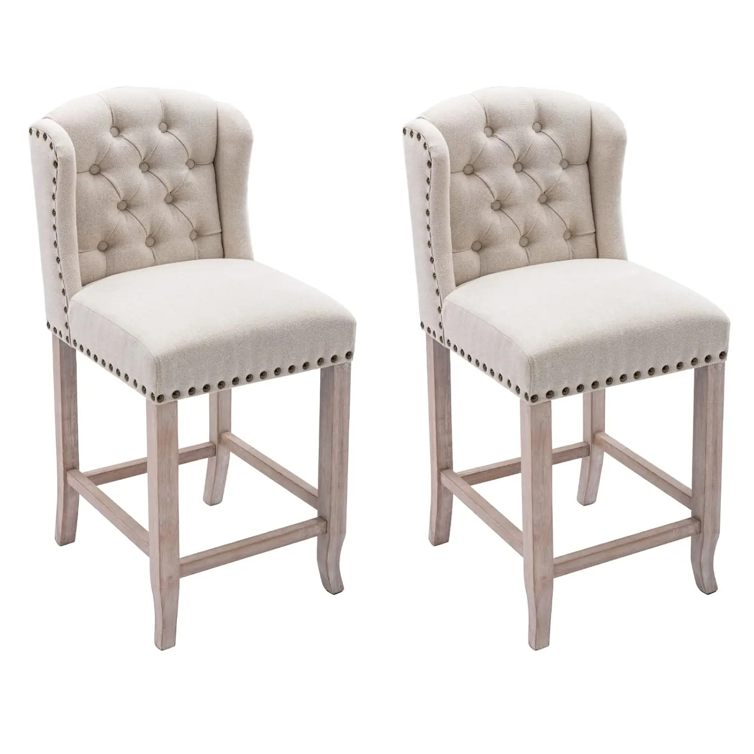 

Modern Stools Set of 2, 26 Inches Counter Height Bar Stools with Backrests and Wood Legs, Upholstered Linen Fabric