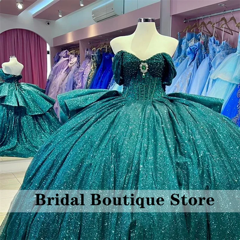 Glitter Emerald Green Quinceanera Dresses Ball Gown Sweet 16 Dress Crystal Rhinestone Beads Corset Party Gowns  Customized