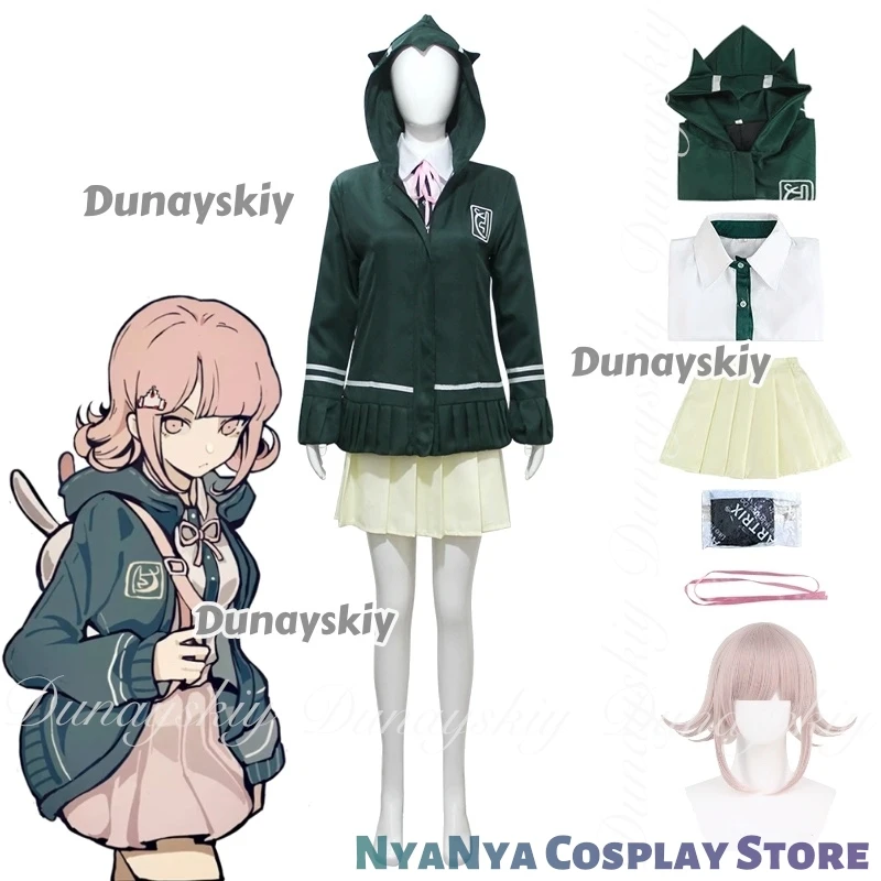 Danganronpa II: Trigger Happy Havoc Anime Nanami ChiaKi Cosplay com peruca curta com saia jaqueta verde Cosplay ktaTerno completo