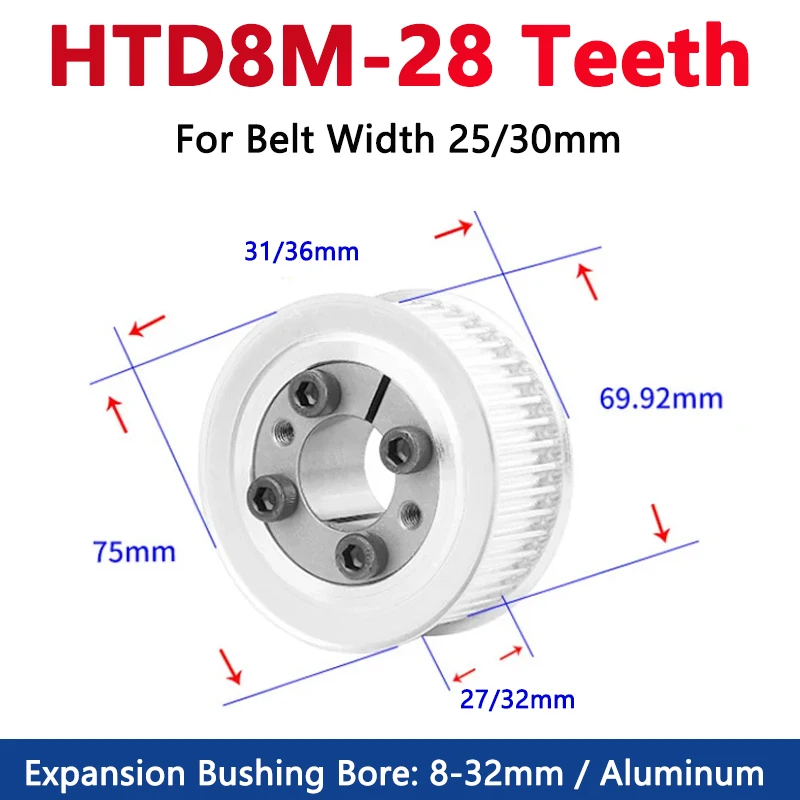 

1pc 28 Teeth HTD8M Keyless Bushing Timing Pulley HTD 8M 28T Expansion Sleeve Synchronous Wheel for Belt Width 25/30mm Pitch 8mm