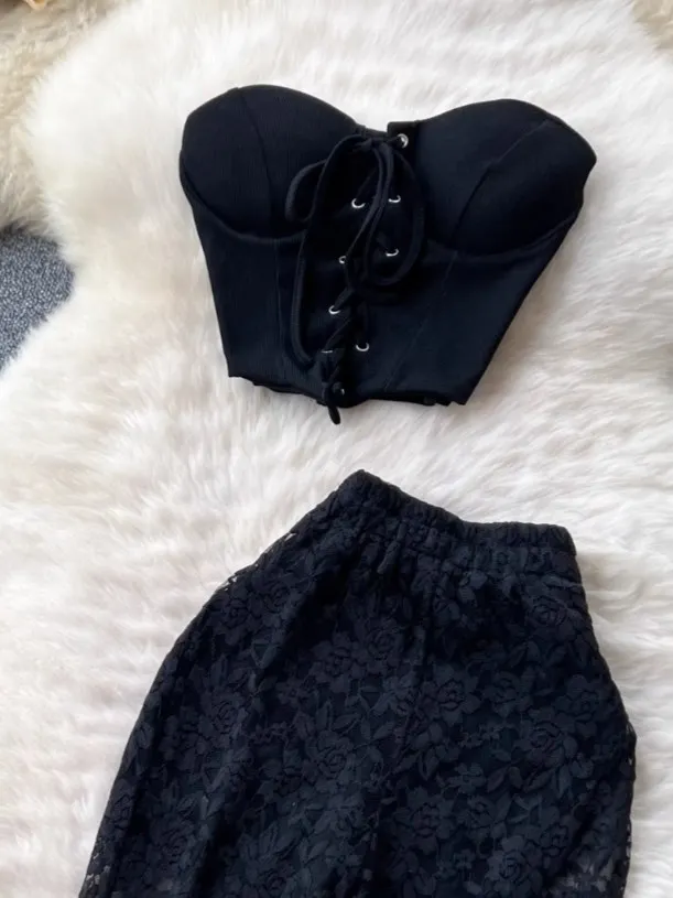 Foamlina American Ins Weibliche Sexy Träger Ärmellose Tube Top Enge Weste Camis + Hohe Taille Hüfte Wrap Spitze Hosen Hosen