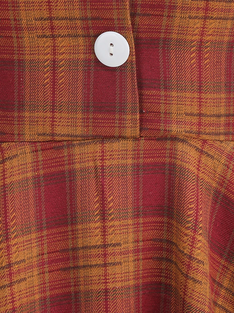 Tonval Schalkragen, Knöpfe vorne, kariert, Rockabilly, lange Kleider, 2025, Herbst-Winter, Taschen, seitlich, elegantes Damen-Swing-Kleid