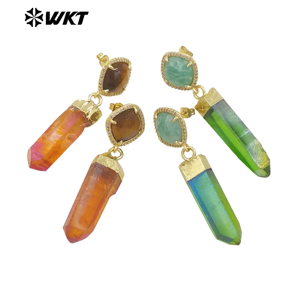 WT-E774 Exquisite Models Small Zircon Round Aura Quartz And Gemstone 18K Gold Plated Long Earrings For Women As Anniversary Gift