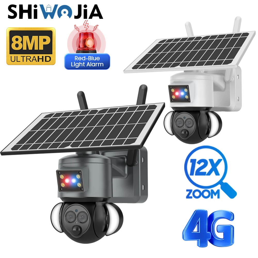 

SHIWOJIA 4K 8MP 12X Optical Zoom Solar Camera 4G sim Card Dual Lens Security Camera Humanoid Tracking Built in 12000 mAh Battery