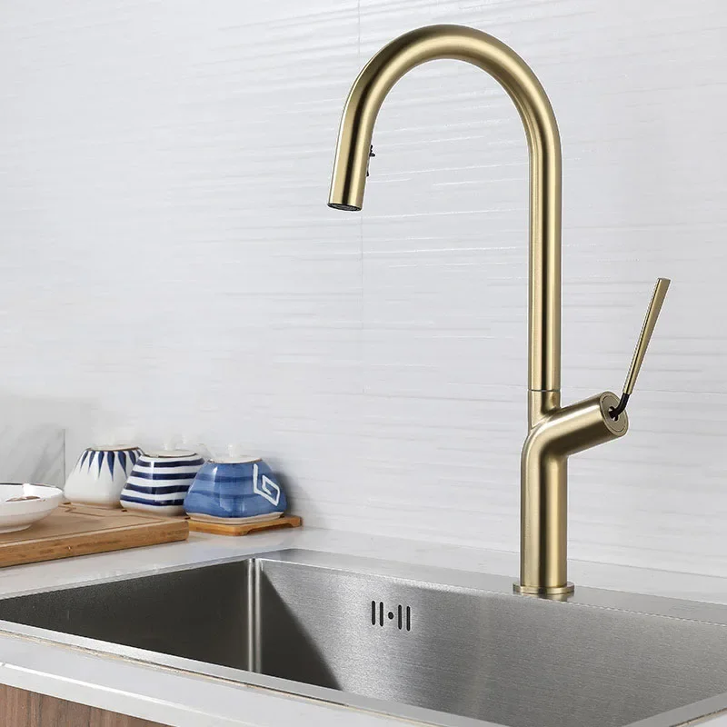 Brushed Gold/Gray Pull Out Kitchen Sink Faucet Brass Deck Mounted Stream Sprayer Hot And Cold Water Mixer Sink Faucet