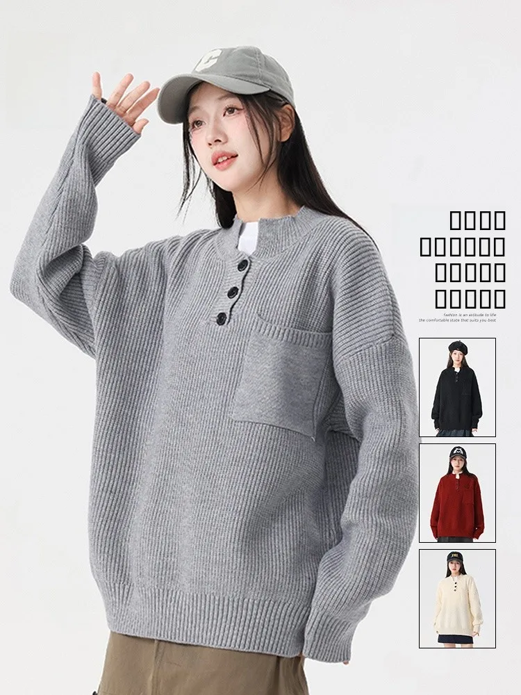 

Retro Japanese Sle Knitted Sweater Loose Fit ex Winter Faion Color Men's Trendy Woolen Sweater Casual Wear