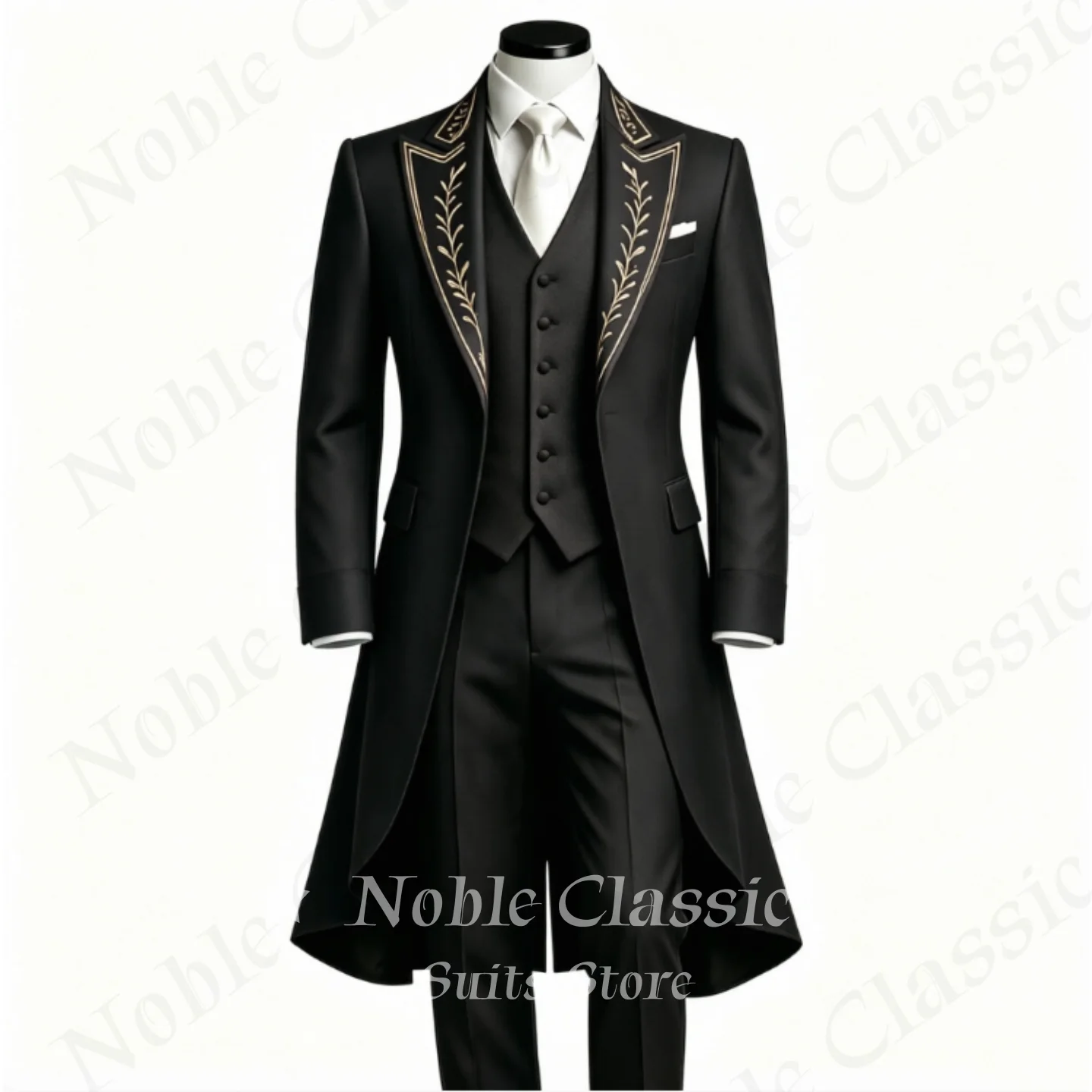 Black Long Frock Coat 3 Pieces Suit Gold Embroidery Jacket Vest Pants Set Gothic Victorian Style Formal Wedding Prom Customized