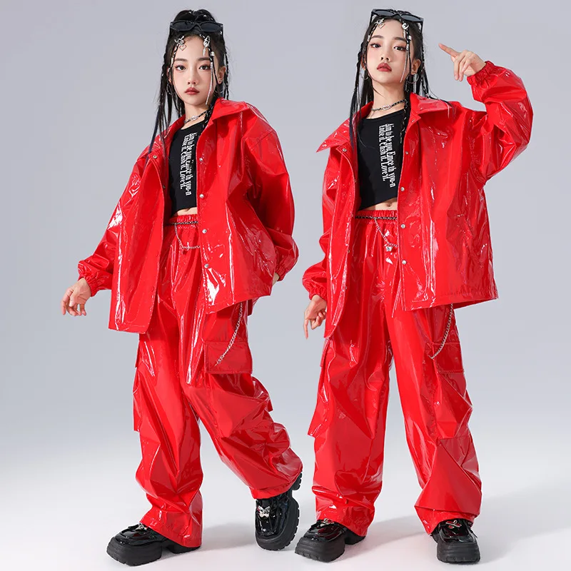 Traje de dança jazz infantil, conjunto de couro brilhante, colheita elegante exposto hip-hop menina dança de rua traje
