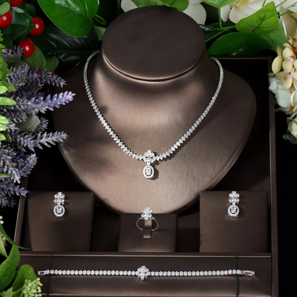 HIBRIDE New Fashion Micro Setting CZ Flower Jewelry Sets Luxury Cubic Zirconia Necklace Pendant And Earring Set for Women N-1278