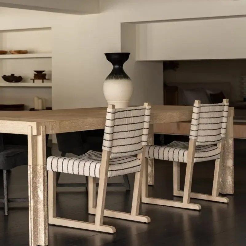 *Modern Minimalist Dining Chair Solid Wood Frame Linen Striped Back Mid-Century Luxury Design for Dining and Vanity