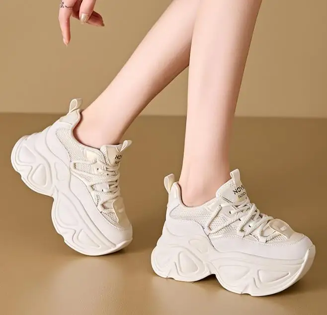 High Platform Wedge Sneakers Women Chunky Leather Shoes 2025 Deisgn Breathable Mesh Walking Sneakers 9CM Vulcanize Sport Shoes - view 3