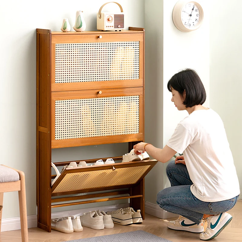 Japanese Imitation Rattan Woven Ultra Thin Shoe Cabinet Organizers Large Capacity Bamboo Hallway Sapateira Home Furniture WK50SC