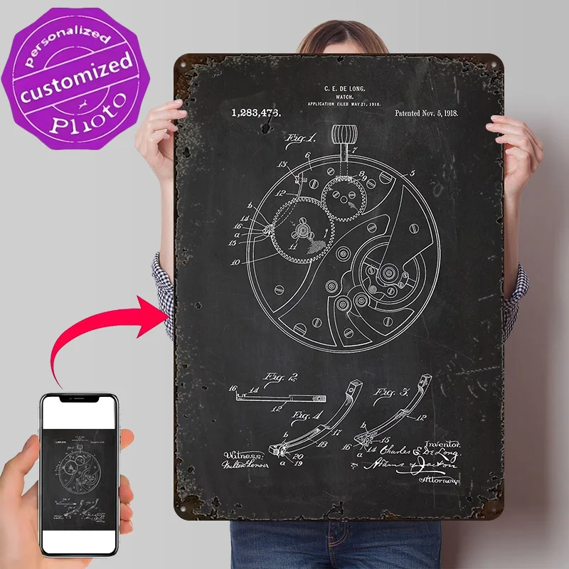 1918 Watch - Patent Drawing 3D Printed Texture Poster Personalized Wall Art Retro Metal Tin Signs for Mancave Decoration Gaming