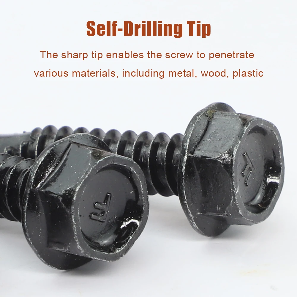 8 # 10 # 12 # 14 # مسامير حفر ذاتية برأس غسالة سداسية m4.2 m4.8 m5.5 m6.3 أسود زنك 410 ورقة معدنية برغي ذاتي التنصت للخشب #2