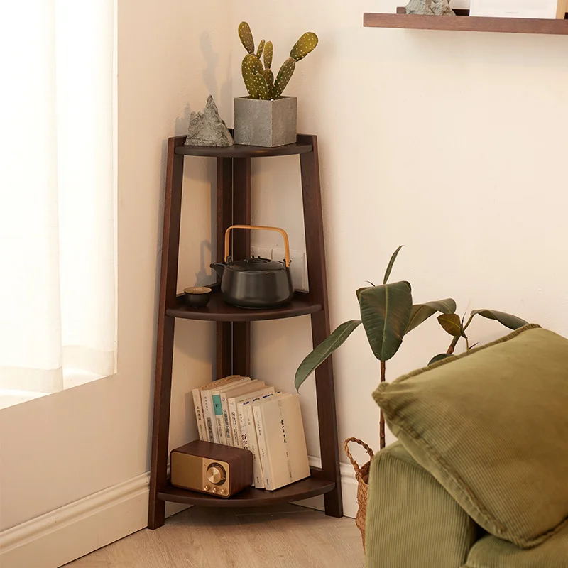 Solid Wood Fan-Shaped Multi-Tier Storage Rack Corner Floor Shelf Triangular Window Magazine Organizer Desk Space Saver