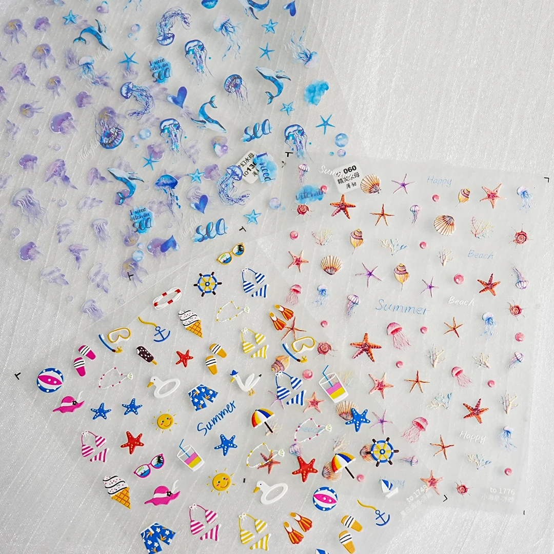 Summer Cute Fruit Ocean Shells Nail Sticker  Art Decoration Self Adhesive Flower Fruit Jellyfish Decals for Nails Manicure