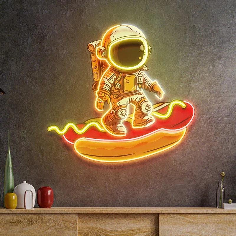 Kustom tanda Neon astronot di Hot Dog lampu Neon Logo bisnis tanda dinding restoran seni Makanan Cepat dekorasi toko Led lampu Neon