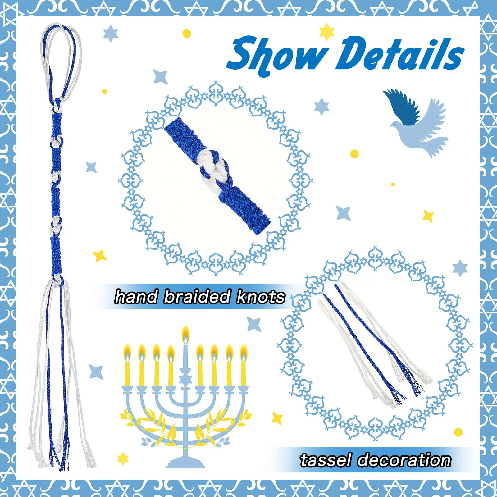 8/16 Pcs Blue White Hebrew Tzitzit Tassels Fringe with Metal Quick Clips Jewish Messianic Jeans Belt Loop Fasteners Decoration