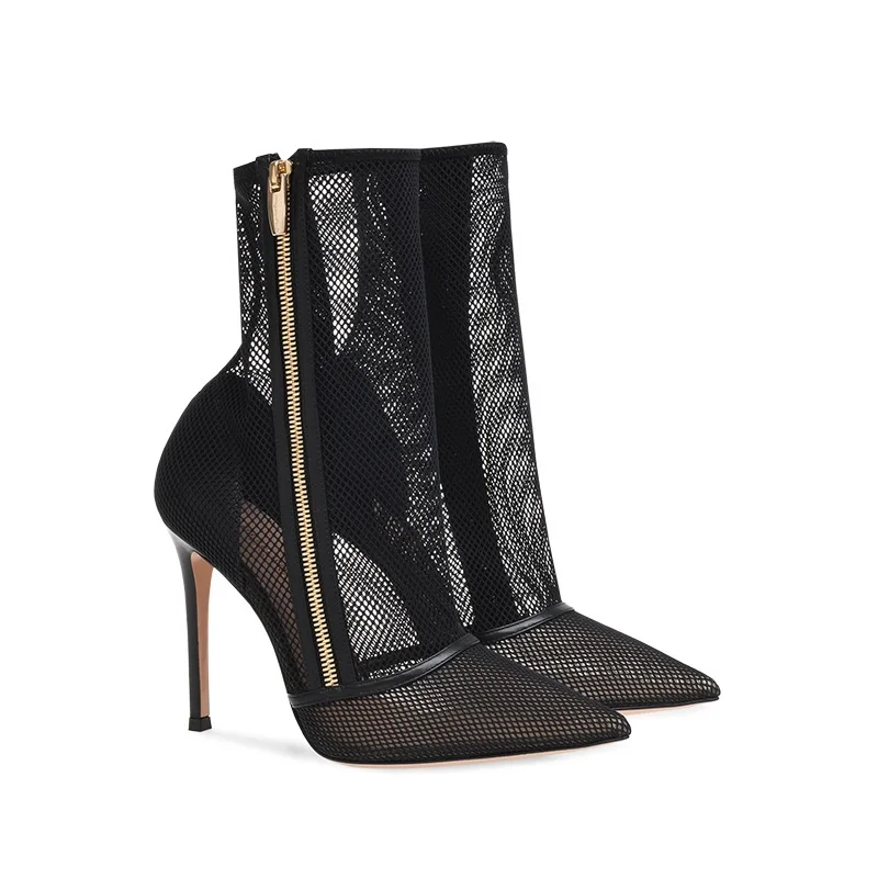 2026 Women Black Mesh Fishnet Ankle Boots Stiletto Heels Pointed Toe Side Zipper Booties for Summer Aanke Boots  Fashion  44