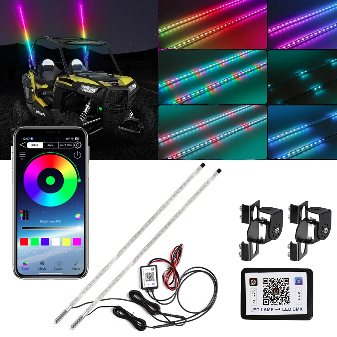 

2.3FT APP Control RGB LED Whips Light Antenna Whips For Off- Road Vehicle ATV UTV RZR Jeep Trucks Dunes Stop Turn Reverse Modes