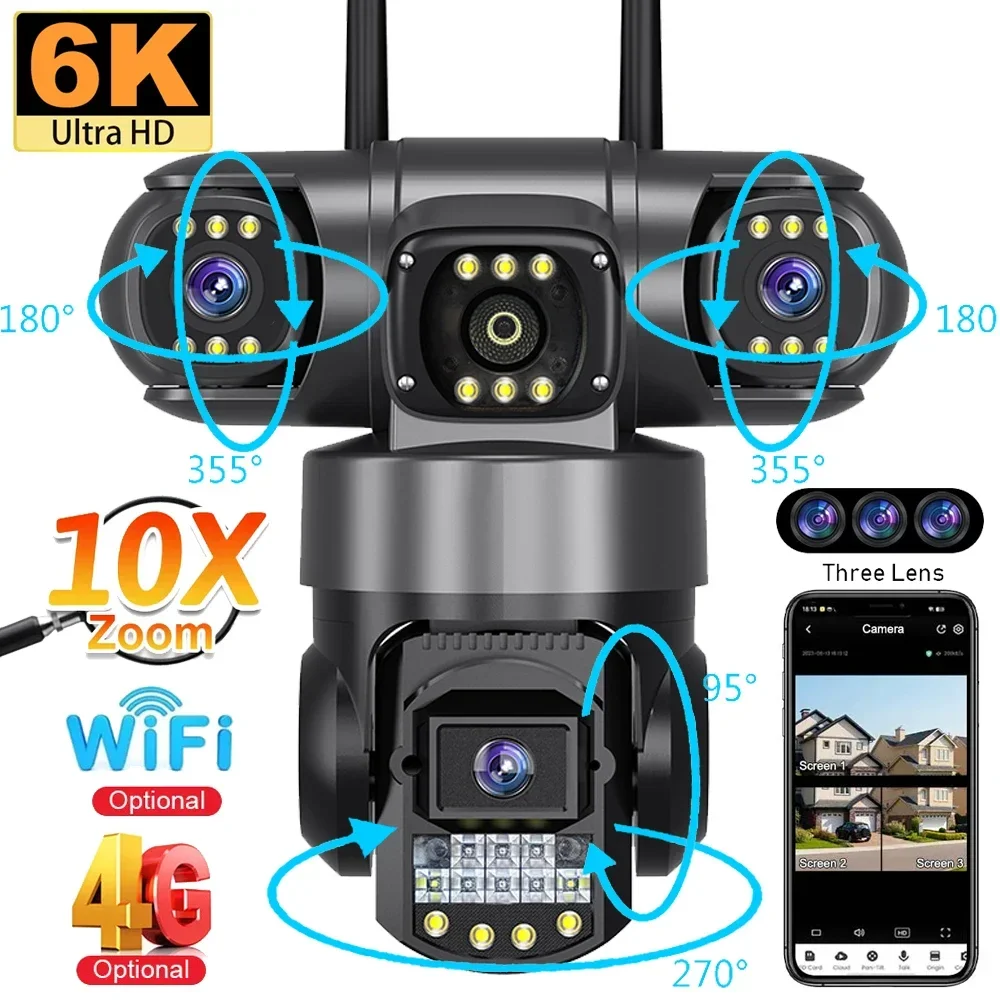 Wireless / 4G Sim Card 3 Lens Video Surveillance Camera Wifi Network CCTV Camera 360 Monitor Outdoor Waterproof Security Cameras