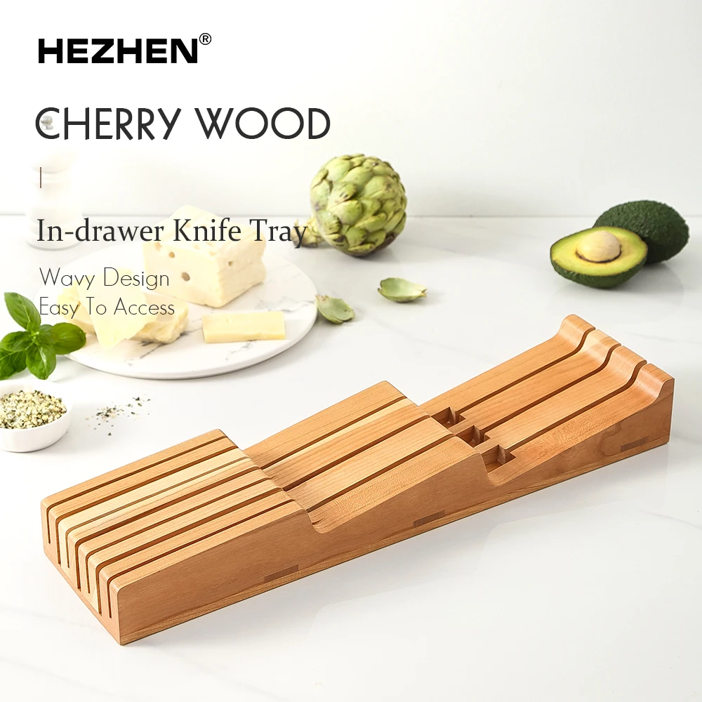 

HEZHEN 7-Slot In-Drawer Knife Tray - Cherry Wood Organizer with 3 Large & 4 Small Slots, Non-Slip Moisture-Proof Design