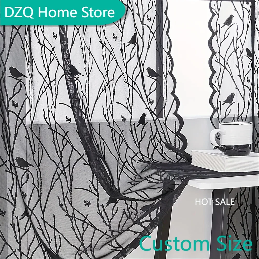 

Black Lace Sheer Curtains, White Jacquard Bird Farmhouse Curtains for Kitchen, Doorway 1 Panel Animal Print Bay Window Drapery