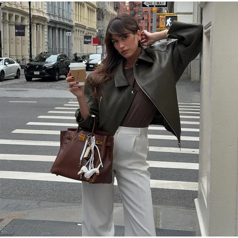 Retro Uniwersalna Skórzana Kurtka Kołnierz Zamek Błyskawiczny Casualowy Elegancki Płaszcz Wierzchni Modny Długi Rękaw Luźny Damski Jesienny Streetwear