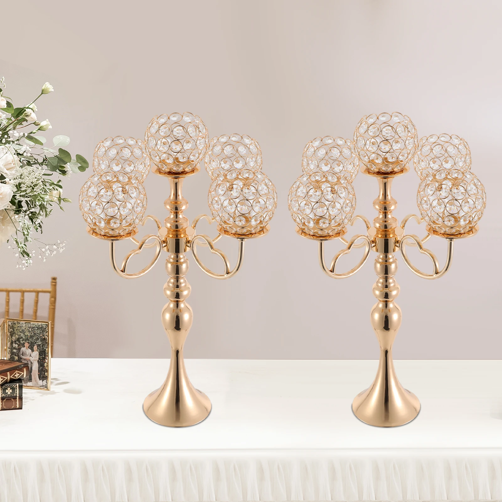 

21.5 In 5 Arms Candle Holder Set of 2, Tabletop Candle Holder, Gold Candle Holder