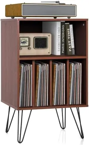 

Record Player Stand, Turntable Stand Holds up to 150 Albums, Mid-Century Vinyl Cabinet Table with Metal Legs, Record Player Hol